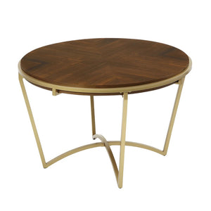 HomeRoots 46" Brown and Gold Round Trestle Dining Table - Solid Wood Top with Sturdy Metal Base for 4 People 602330