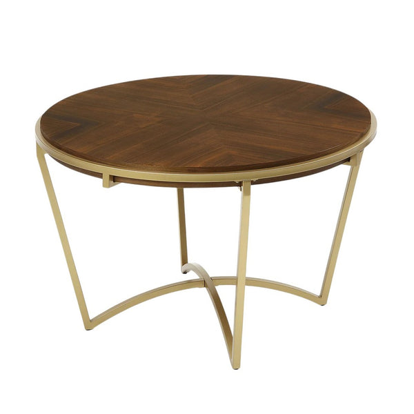HomeRoots 46" Brown and Gold Round Trestle Dining Table - Solid Wood Top with Sturdy Metal Base for 4 People 602330