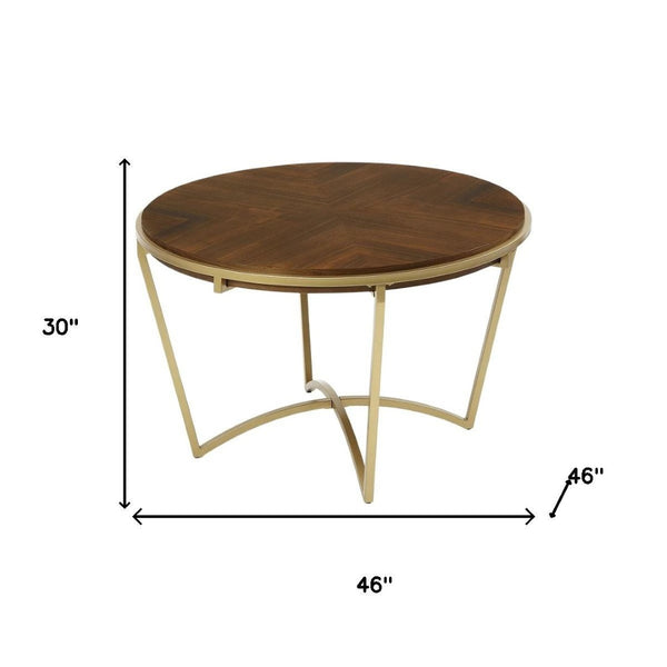HomeRoots 46" Brown and Gold Round Trestle Dining Table - Solid Wood Top with Sturdy Metal Base for 4 People 602330