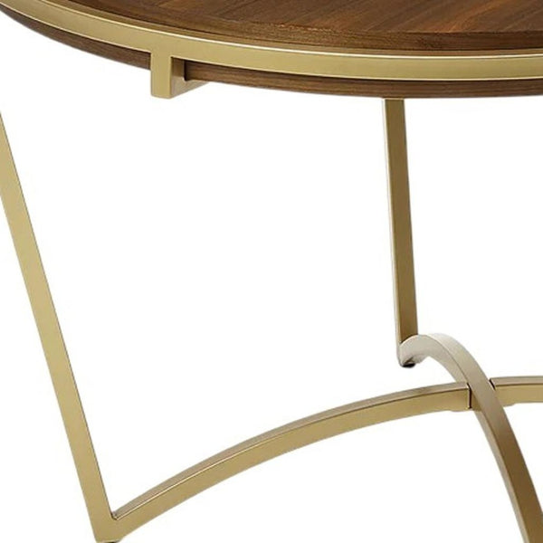 HomeRoots 46" Brown and Gold Round Trestle Dining Table - Solid Wood Top with Sturdy Metal Base for 4 People 602330