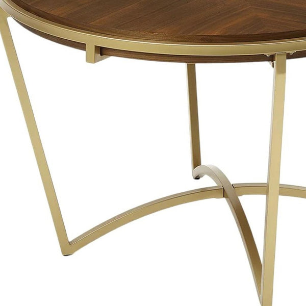 HomeRoots 46" Brown and Gold Round Trestle Dining Table - Solid Wood Top with Sturdy Metal Base for 4 People 602330