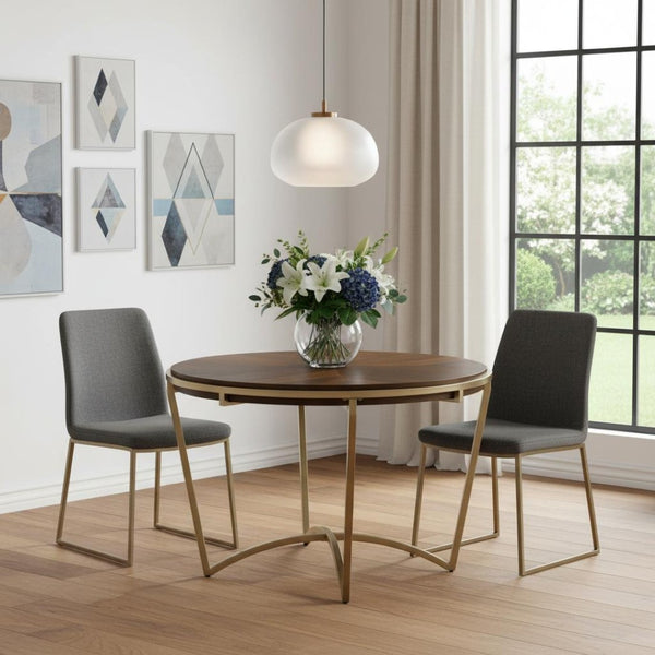 HomeRoots 46" Brown and Gold Round Trestle Dining Table - Solid Wood Top with Sturdy Metal Base for 4 People 602330