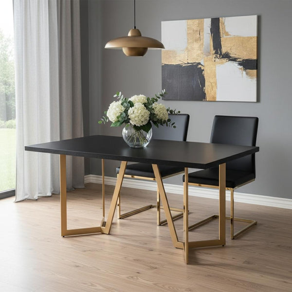HomeRoots 63" Black and Gold Solid Wood Dining Table with Metal Trestle Base - Modern Design for Any Space 602331
