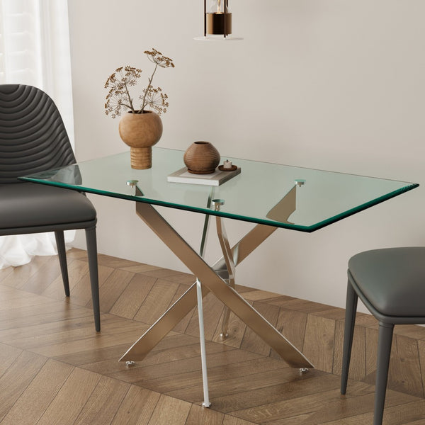 HomeRoots 51" Clear Glass Dining Table with Silver Metal Trestle Base – Modern Elegance for Six Seats 602334
