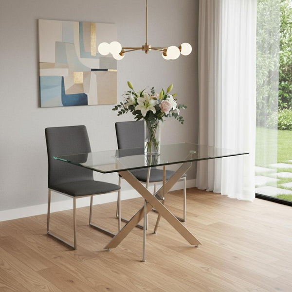 HomeRoots 51" Clear Glass Dining Table with Silver Metal Trestle Base – Modern Elegance for Six Seats 602334