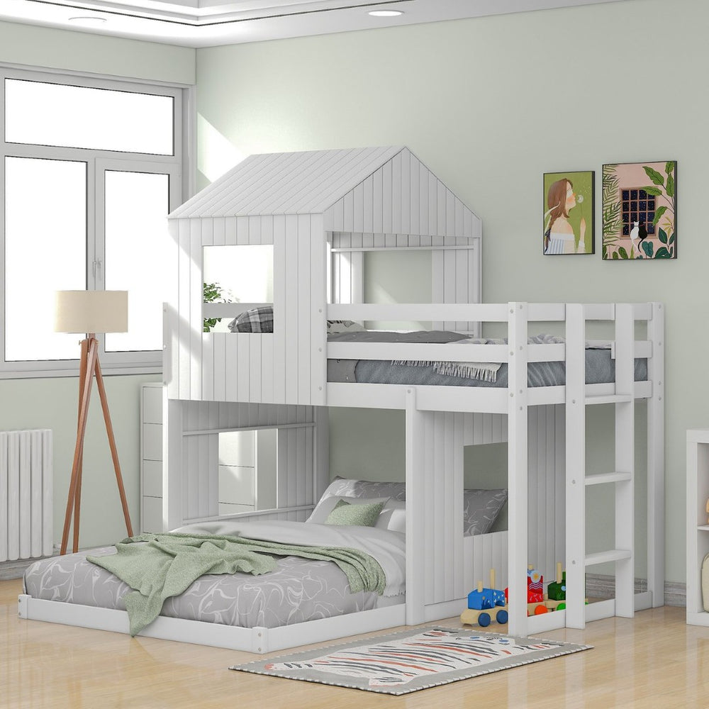 English Elm Wooden Twin Over Full Bunk Bed Farmhouse Playhouse Design with Ladder Guardrails LT000327AAK-1