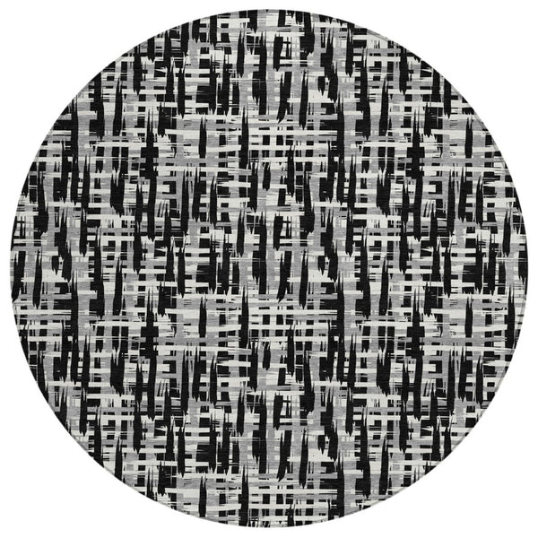 HomeRoots 5' Stylish Black Gray and Ivory Abstract Washable Area Rug for Indoor and Outdoor Use 8' Round 602469