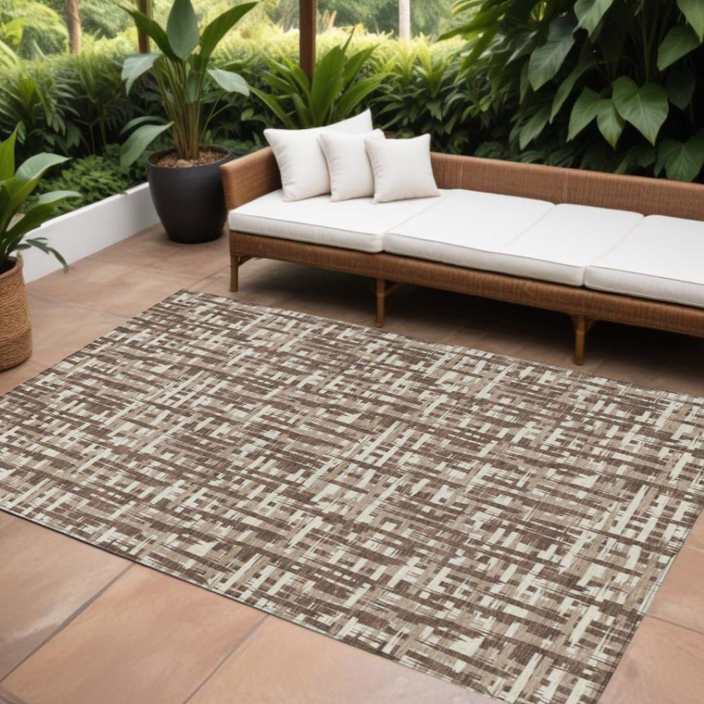 HomeRoots 9' X 12' Abstract Washable Indoor Outdoor Area Rug – Modern Brown Tan Beige Design for High-Traffic Spaces 602483