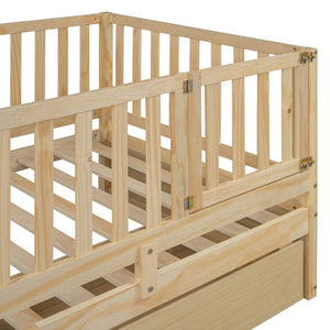 English Elm Twin Pinewood Daybed with Fence Guardrails Two Storage Drawers and Split Floor Bed Natural LP200881AAN