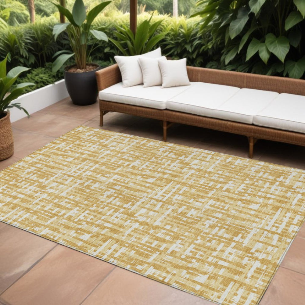 HomeRoots 9' Modern Abstract Washable Area Rug in Gold, Brown & Beige - Durable Indoor/Outdoor Decor 602501