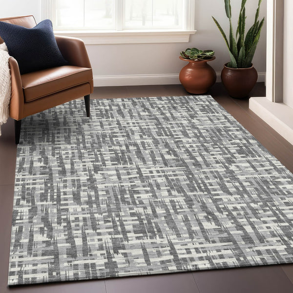 Homeroots 3' Stylish Black, Gray, And Ivory Abstract Washable Area Rug For Indoor And Outdoor Spaces 9' X 12' Polyester 602507