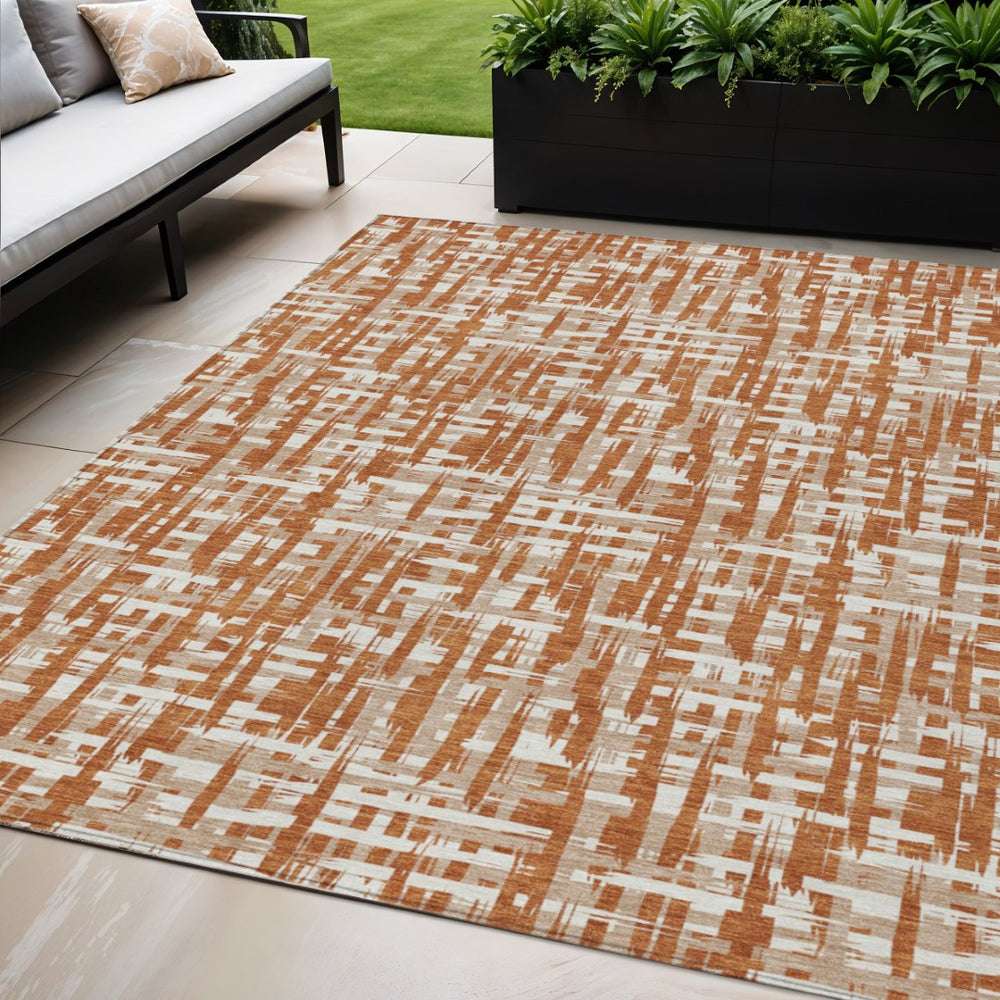 HomeRoots 5' Terra Cotta Tan and Ivory Abstract Area Rug – Stylish, Durable, and Washable for Indoor/Outdoor Use 5' X 8' 602534