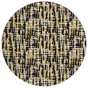 HomeRoots 5' Contemporary Abstract Black Gold Ivory Washable Area Rug for Indoor Outdoor Versatile Spaces 8' Round 602547
