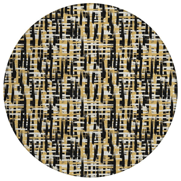 HomeRoots 5' Contemporary Abstract Black Gold Ivory Washable Area Rug for Indoor Outdoor Versatile Spaces 8' Round 602547