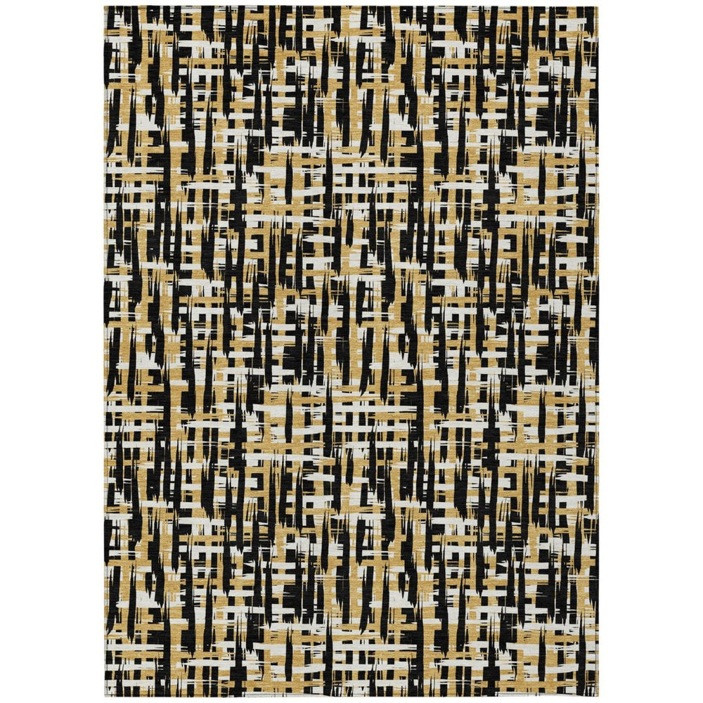 HomeRoots 9' X 12' Washable Indoor/Outdoor Area Rug in Bold Black, Gold & Ivory Abstract Design for Versatile Spaces 602549