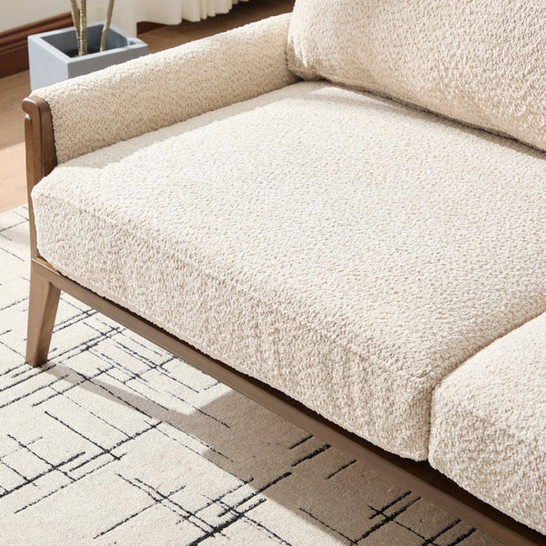 English Elm Mid-century Modern Boucle Upholstered Three Seat Sofa with Walnut Finish Wood Legs Beige N773P411407S
