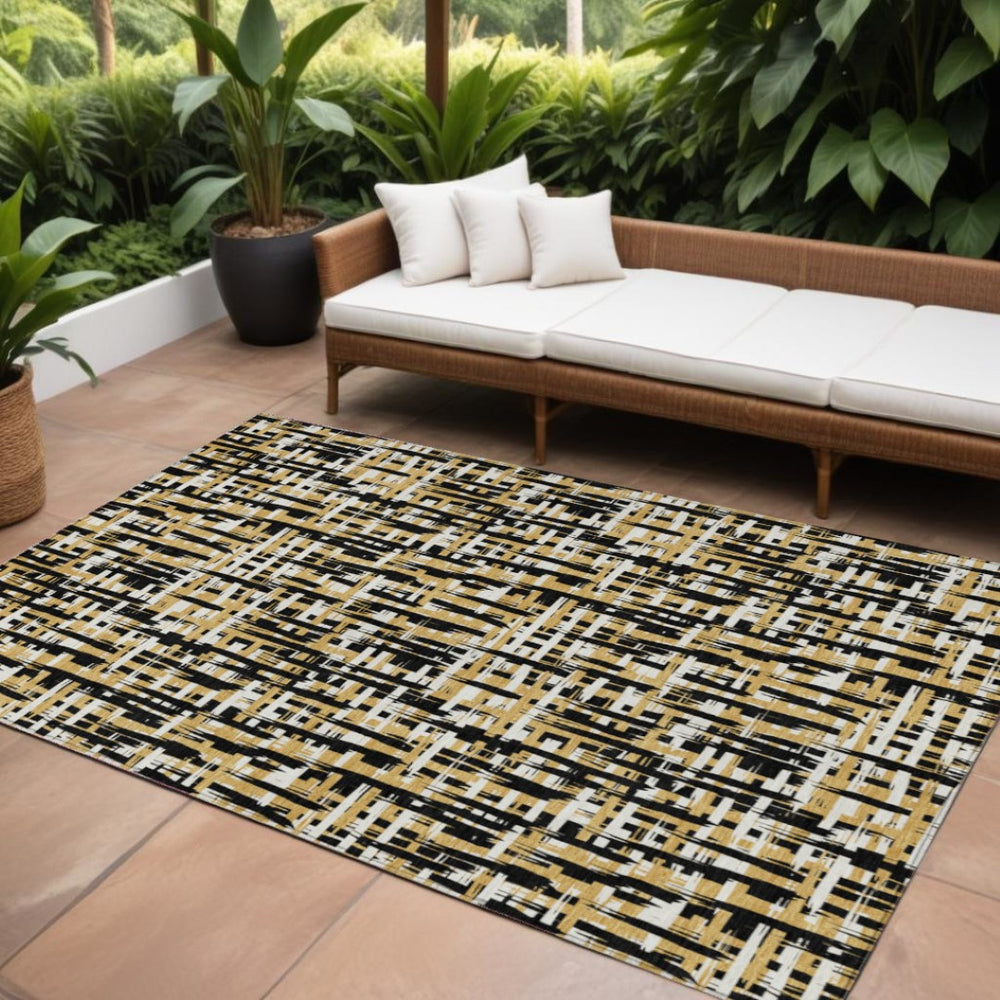 HomeRoots 5' Contemporary Abstract Black Gold Ivory Washable Area Rug for Indoor Outdoor Versatile Spaces 10' X 14' 602550