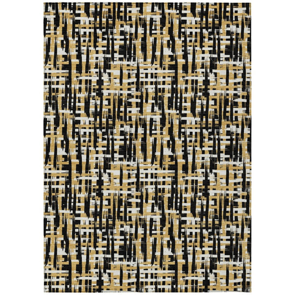 HomeRoots 5' Contemporary Abstract Black Gold Ivory Washable Area Rug for Indoor Outdoor Versatile Spaces 10' X 14' 602550