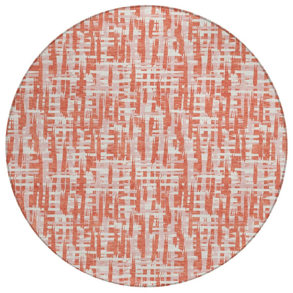 HomeRoots 5' Coral Pink and Ivory Abstract Area Rug - Durable, Washable Indoor Outdoor Style for Any Space 8' Round 602559