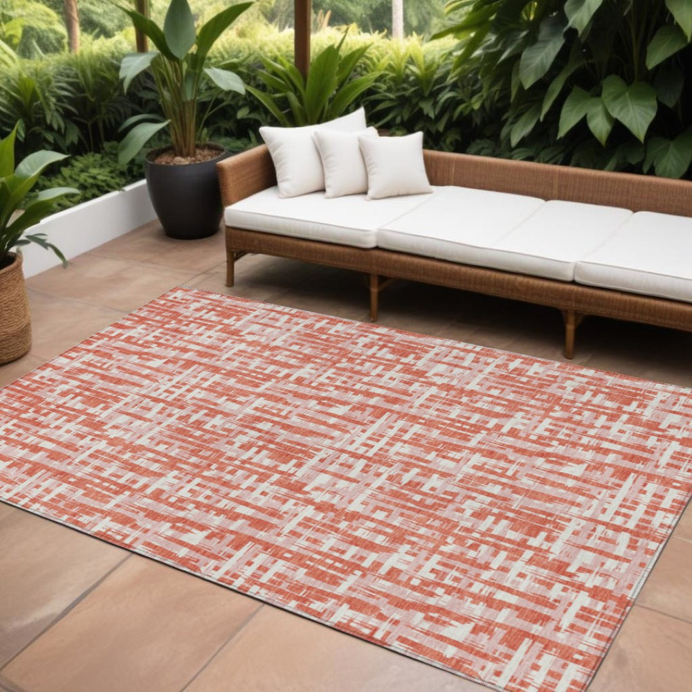 HomeRoots 9' X 12' Coral Pink and Ivory Abstract Washable Area Rug - Stylish, Durable Indoor/Outdoor Decor 602561