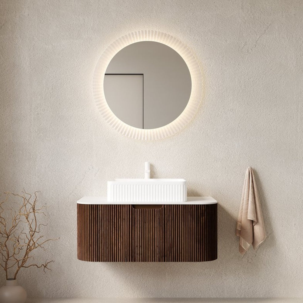 English Elm Dina Floating Bathroom Vanity Sintered Stone Top Glass Basin Striped Plywood Cabinet W2615S00418