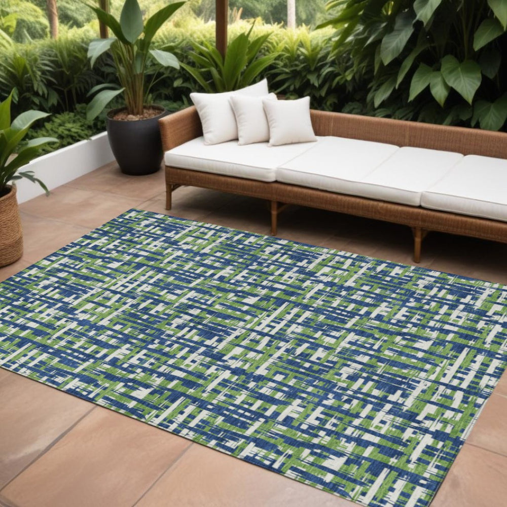 HomeRoots 5' Abstract Navy Blue Green Ivory Area Rug - Durable, Washable, Indoor/Outdoor Style for Every Space 8' X 10' 602578