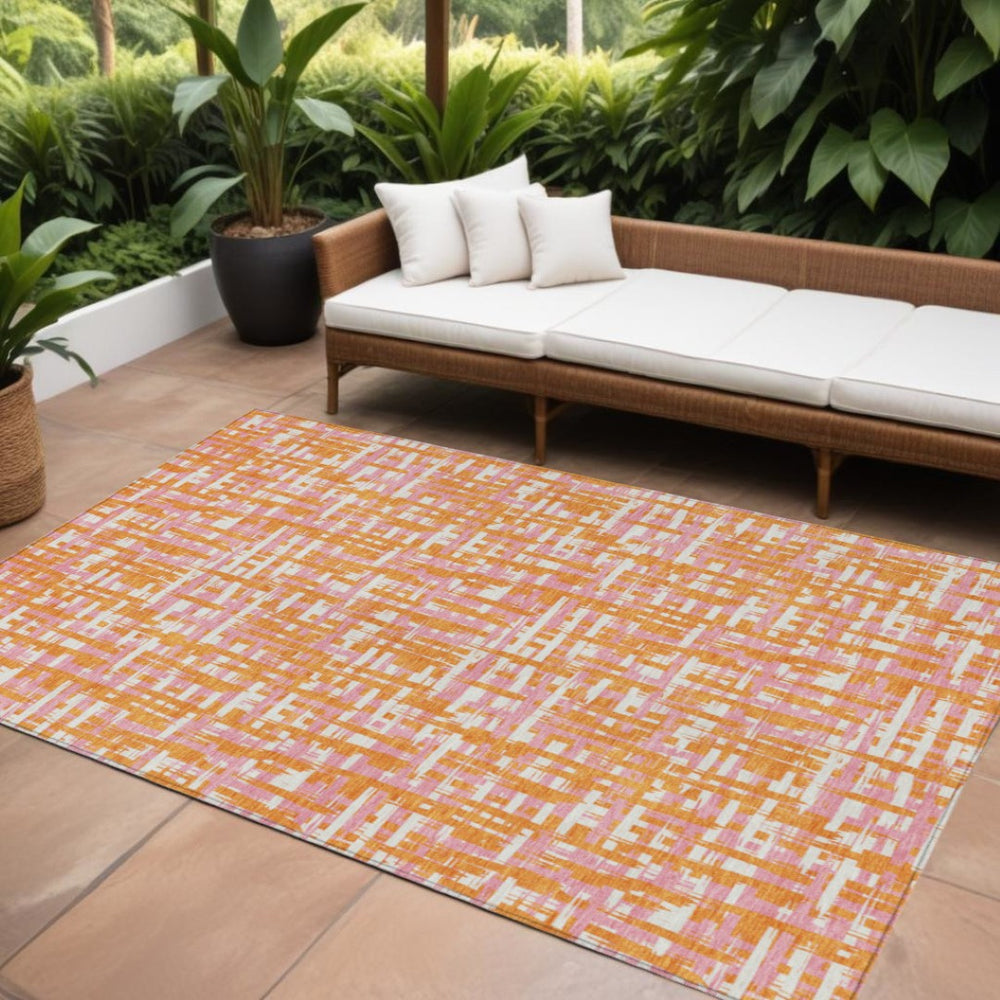 HomeRoots 9' X 12' Abstract Washable Area Rug in Orange, Pink & Beige - Durable Indoor/Outdoor Design! 602585