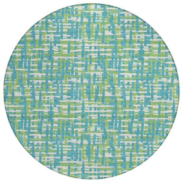 HomeRoots 5' Turquoise Green and Ivory Abstract Area Rug – Stylish, Washable Design for Indoor and Outdoor Use 8' Round 602601