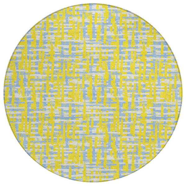 HomeRoots 5' Stylish Yellow Denim Blue Beige Abstract Washable Area Rug for Indoor and Outdoor Spaces 8' Round 602607