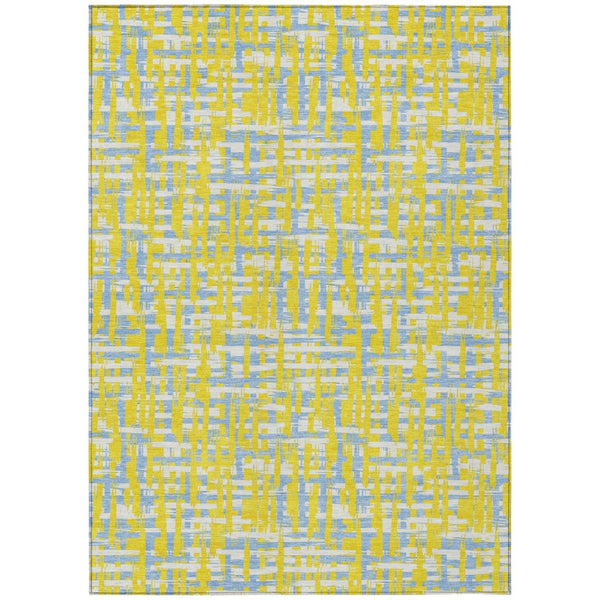 HomeRoots 5' Stylish Yellow Denim Blue Beige Abstract Washable Area Rug for Indoor and Outdoor Spaces 8' X 10' 602608