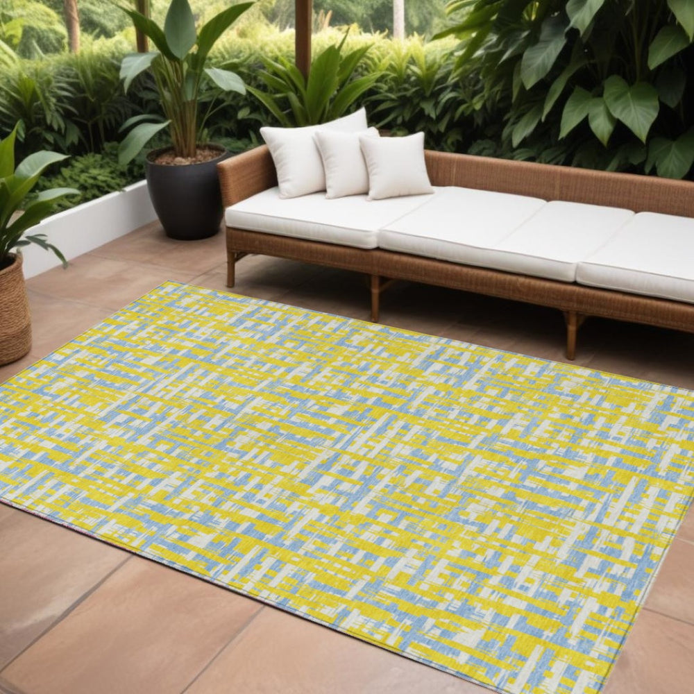 HomeRoots 9' Contemporary Abstract Washable Area Rug in Yellow, Denim Blue & Beige for Indoor/Outdoor Use 602609