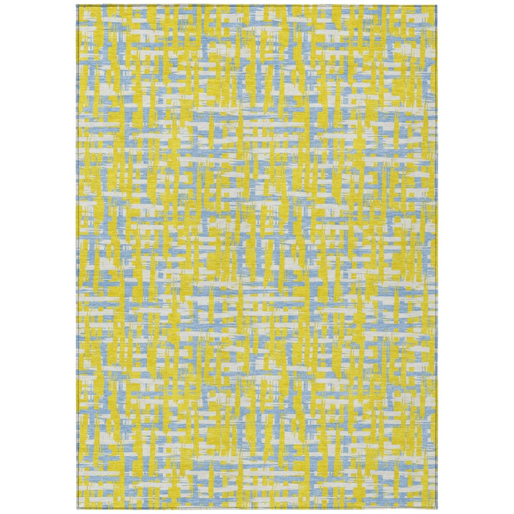 HomeRoots 9' Contemporary Abstract Washable Area Rug in Yellow, Denim Blue & Beige for Indoor/Outdoor Use 602609