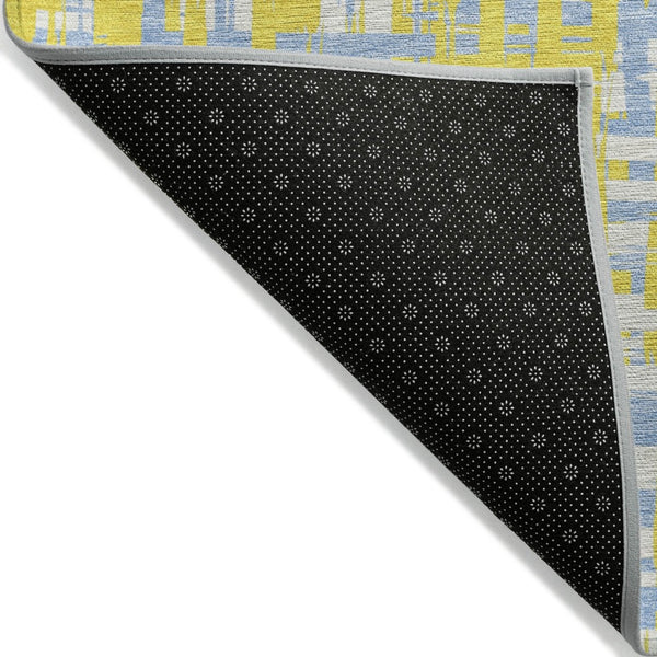 HomeRoots 5' Stylish Yellow Denim Blue Beige Abstract Washable Area Rug for Indoor and Outdoor Spaces 10' X 14' 602610