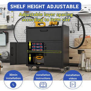 English Elm Sturdy Cold-rolled Steel Rolling Garage Cabinet with Locking Doors and Top Fence T2398P223006
