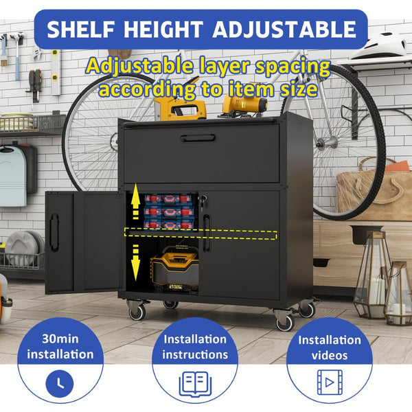 English Elm Sturdy Cold-rolled Steel Rolling Garage Cabinet with Locking Doors and Top Fence T2398P223006