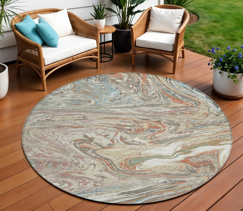 HomeRoots 5' Abstract Beige, Pink & Blue Washable Area Rug for Indoor & Outdoor Spaces – Modern Design Accent 8' Round 602613