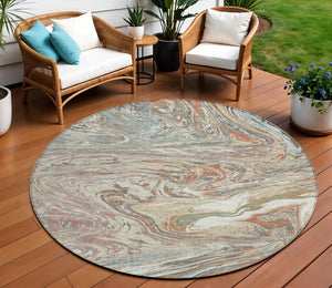 Homeroots 3' Beige Pink And Blue Abstract Washable Area Rug - Perfect For Indoor And Outdoor Spaces, Durable Design 8' Round Polyester 602613