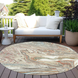 Homeroots 3' Beige Pink And Blue Abstract Washable Area Rug - Perfect For Indoor And Outdoor Spaces, Durable Design 8' Round Polyester 602613