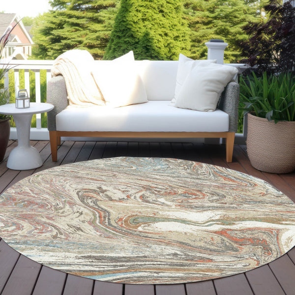 Homeroots 3' Beige Pink And Blue Abstract Washable Area Rug - Perfect For Indoor And Outdoor Spaces, Durable Design 8' Round Polyester 602613