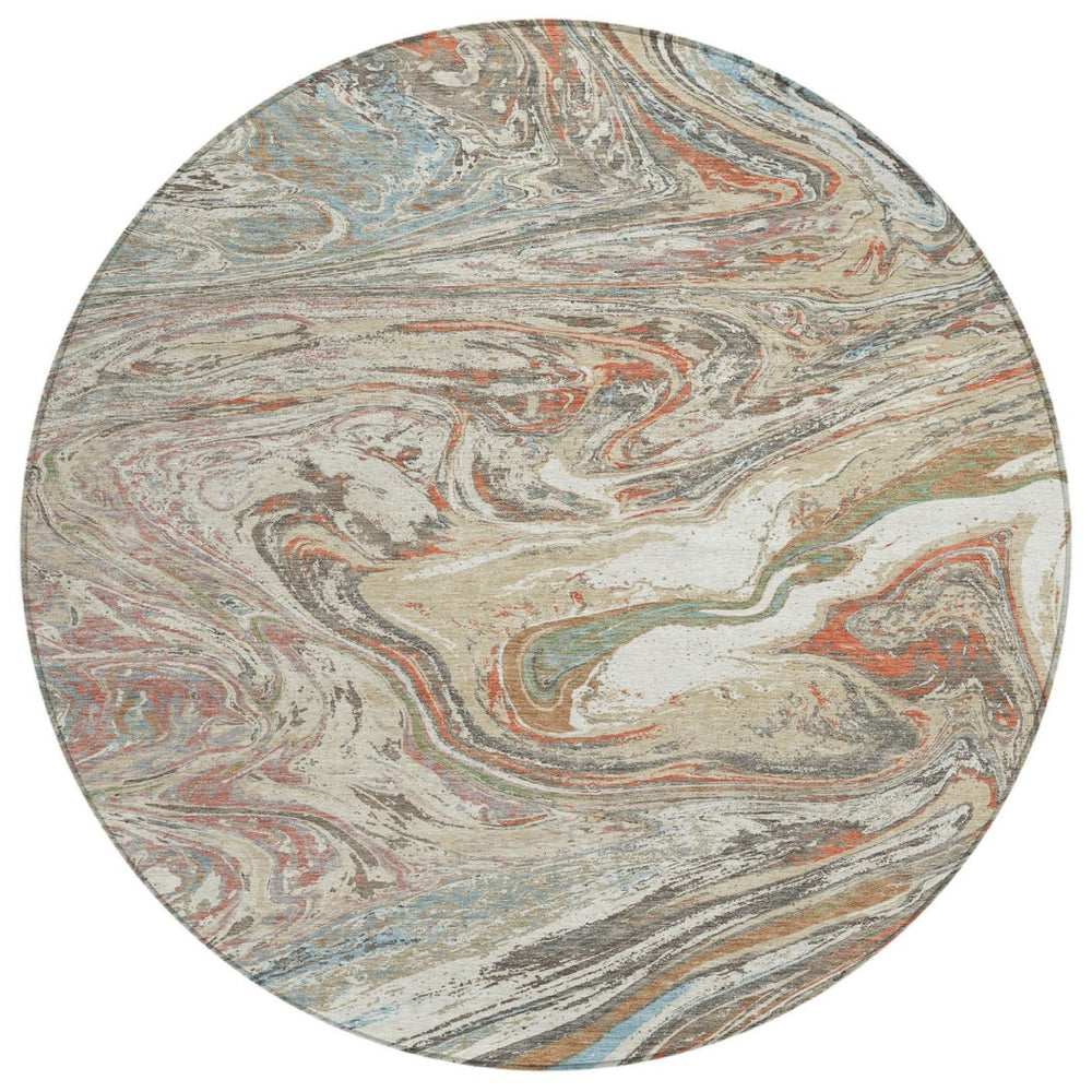 HomeRoots 5' Abstract Beige, Pink & Blue Washable Area Rug for Indoor & Outdoor Spaces – Modern Design Accent 8' Round 602613