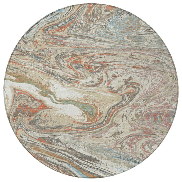 Homeroots 3' Beige Pink And Blue Abstract Washable Area Rug - Perfect For Indoor And Outdoor Spaces, Durable Design 8' Round Polyester 602613