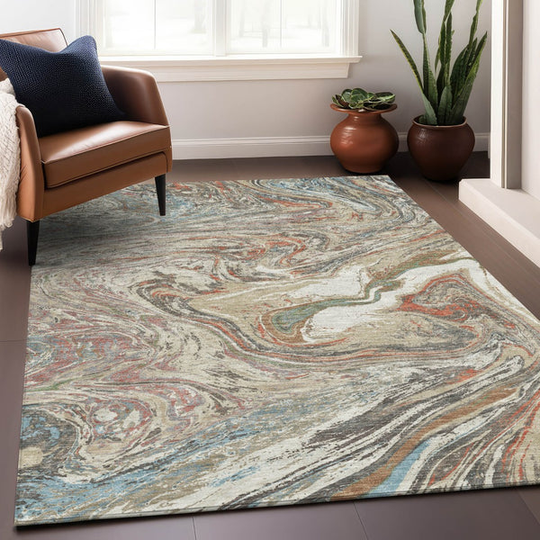 Homeroots 3' Beige Pink And Blue Abstract Washable Area Rug - Perfect For Indoor And Outdoor Spaces, Durable Design 8' X 10' Polyester 602614