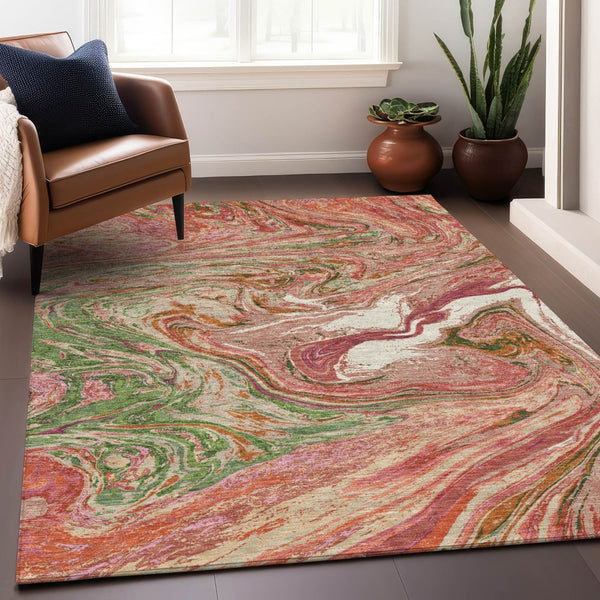 Homeroots 3' Beige Pink And Blue Abstract Washable Area Rug - Perfect For Indoor And Outdoor Spaces, Durable Design 3' X 5' Polyester 602617