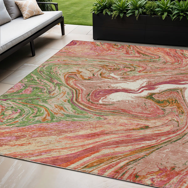 Homeroots 3' Beige Pink And Blue Abstract Washable Area Rug - Perfect For Indoor And Outdoor Spaces, Durable Design 5' X 8' Polyester 602618