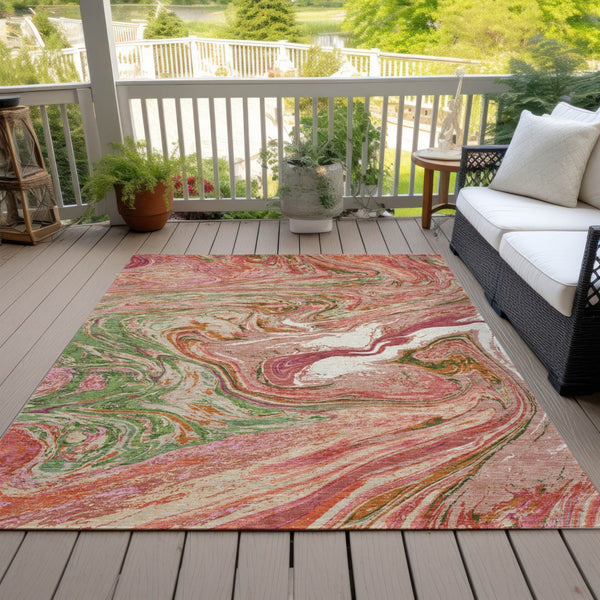 Homeroots 3' Beige Pink And Blue Abstract Washable Area Rug - Perfect For Indoor And Outdoor Spaces, Durable Design 5' X 8' Polyester 602618