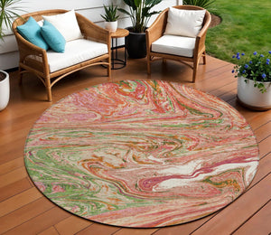 Homeroots 3' Beige Pink And Blue Abstract Washable Area Rug - Perfect For Indoor And Outdoor Spaces, Durable Design 8' Round Polyester 602619