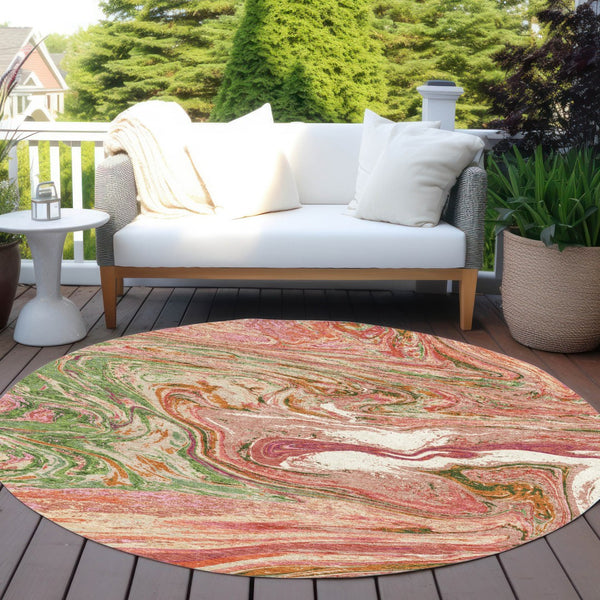 Homeroots 3' Beige Pink And Blue Abstract Washable Area Rug - Perfect For Indoor And Outdoor Spaces, Durable Design 8' Round Polyester 602619