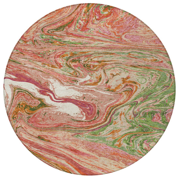 Homeroots 3' Beige Pink And Blue Abstract Washable Area Rug - Perfect For Indoor And Outdoor Spaces, Durable Design 8' Round Polyester 602619