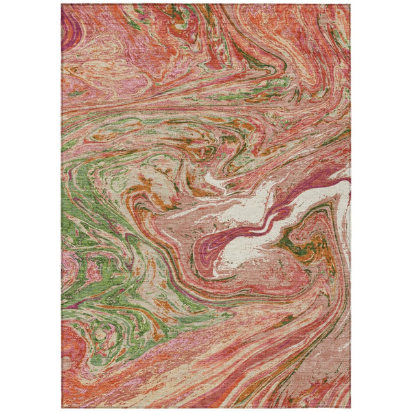 HomeRoots 5' Coral Green and Ivory Abstract Area Rug - Stylish, Washable, Indoor-Outdoor Design for Modern Homes 8' X 10' 602620