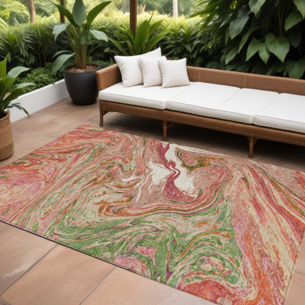 HomeRoots 9' X 12' Coral Green & Ivory Abstract Area Rug - Durable, Washable, Indoor/Outdoor, Easy Care Design 602621
